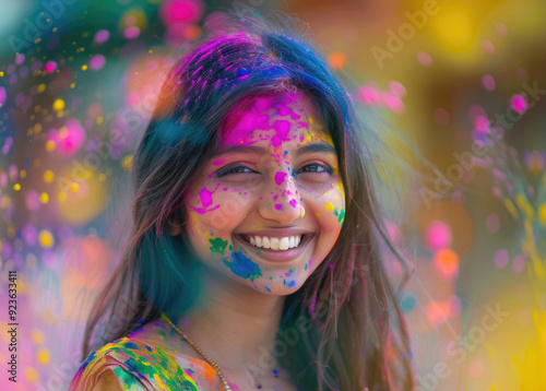 A beautiful Indian girl smiles while celebrating Holi, with colorful powder on her face and in her hair, against a background of vibrant festival colors