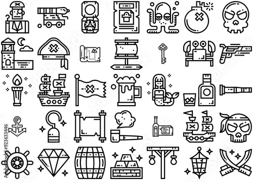 A Collection Of Pirate Icons Silhouette Vector Logo Design Containing Ship,Pirate,Murder,Boat,Sea-Life Vector Icons Illustration Collection