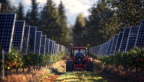 Solar Farm. A farmer operates a tractor amidst rows of solar panels in a field.
