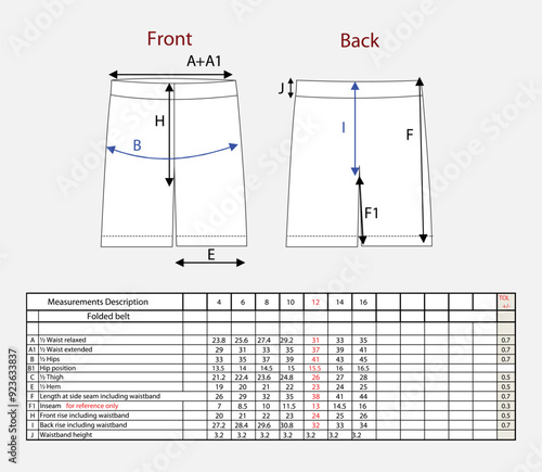 Shorts pant measurements chart details vector illustration 