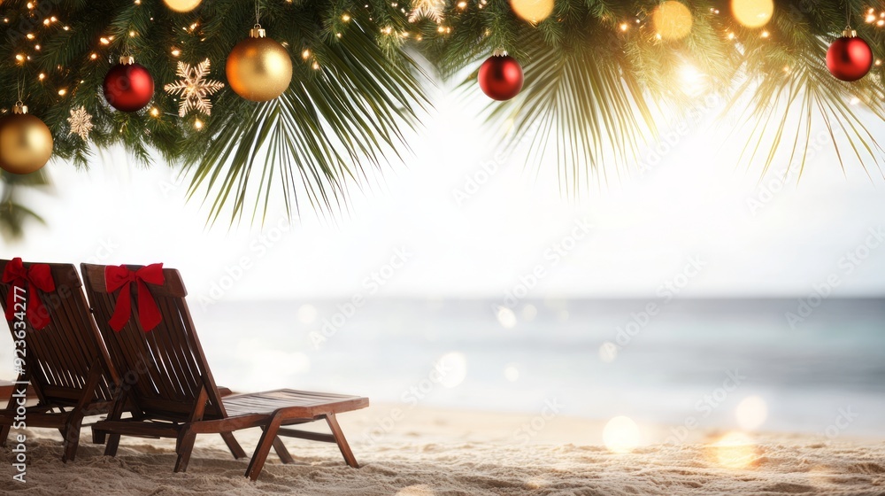 Two empty deck chairs with red bows are standing on a beach under a palm tree decorated with christmas ornaments and lights