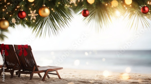Obraz na płótnie Two empty deck chairs with red bows are standing on a beach under a palm tree decorated with christmas ornaments and lights w salonie