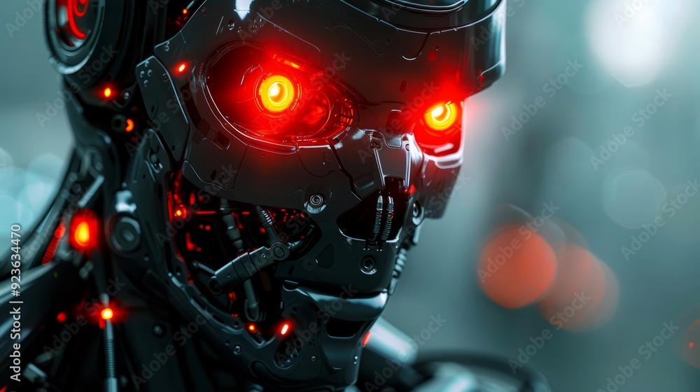 Fototapeta premium Close-up of a futuristic robot with glowing red eyes in a digital environment