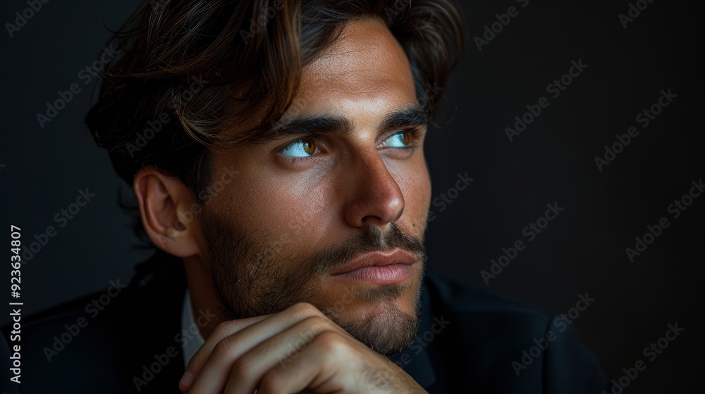 Man in formal attire contemplating against a dark background in a dimly lit environment Man in formal attire contemplating against a dark background in a dimly lit environment