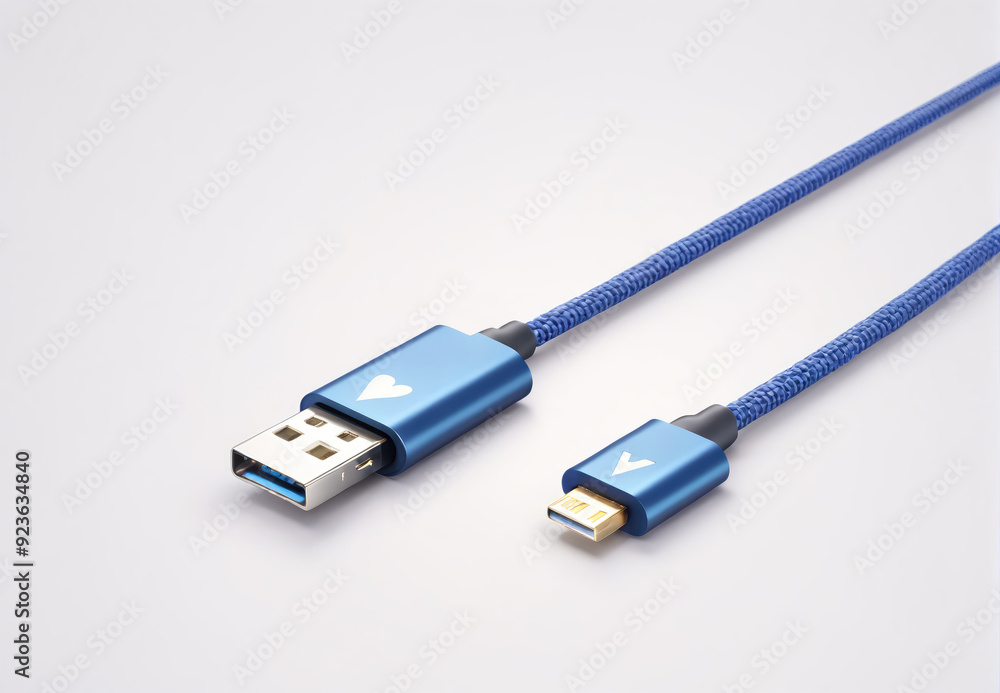 High-Quality Blue USB Cable With Lightning Connector on Plain Background High-Quality Blue USB Cable With Lightning Connector on Plain Background