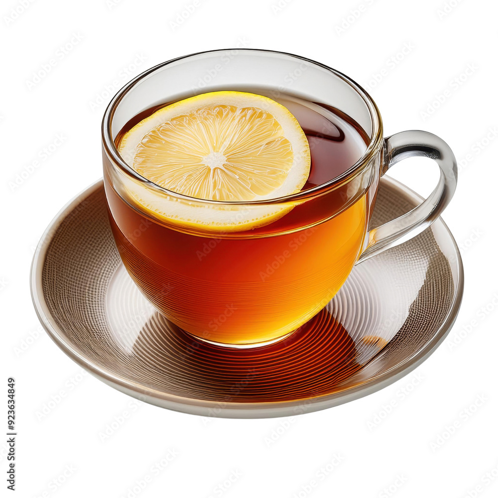 A cup of tea with a slice of lemon on the rim cut out transparent isolated on white background PNG file A cup of tea with a slice of lemon on the rim cut out transparent isolated on white background PNG file