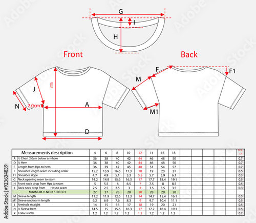 T shirt  tops measurements chart details vector illustration