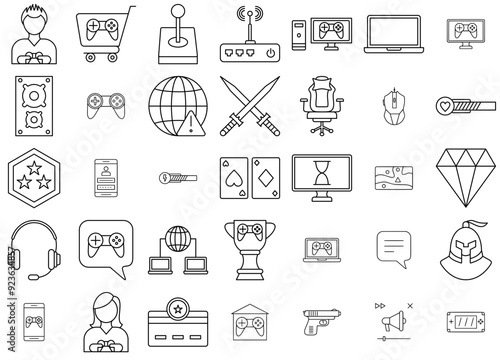 A Collection Of Online Gaming Icons Web Header Banner Design Containing Computer,Game,Gamepad,Internet,Controller Pictograms And Infographics Design Elements Vector Illustration