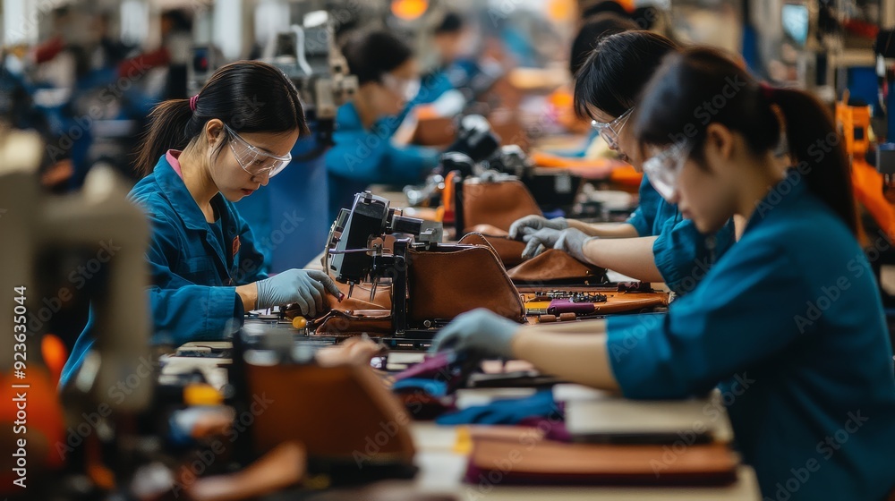 Workers diligently sew leather products in a vibrant, busy workshop environment Workers diligently sew leather products in a vibrant, busy workshop environment