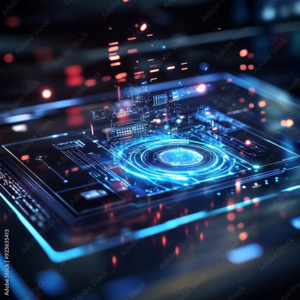 Futuristic digital interface in vibrant blue tones, showcasing advanced technology and innovation in a modern tech environment. Futuristic digital interface in vibrant blue tones, showcasing advanced technology and innovation in a modern tech environment.