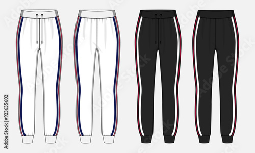 Jogger sweatpants technical drawing fashion flat sketch vector illustration template for ladies. Apparel leggings mock up cad