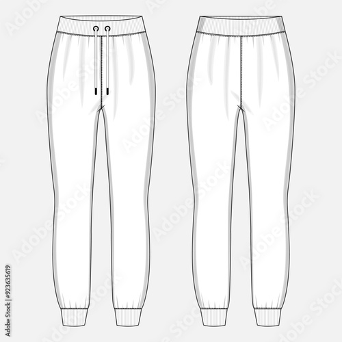 Jogger sweatpants technical drawing fashion flat sketch vector illustration template for ladies. Apparel leggings mock up cad