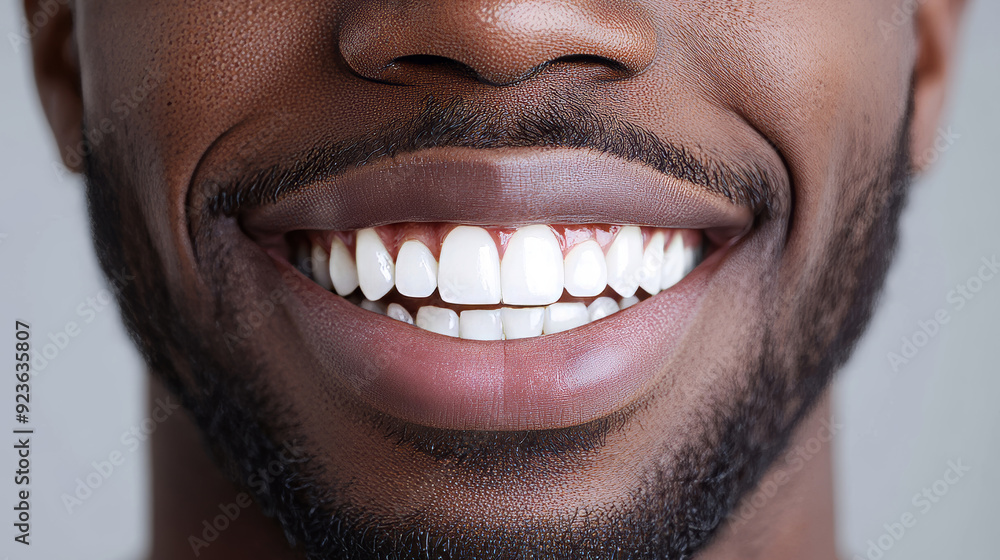Close-up of a bright orthodontic white smile on an African man with well-aligned, clean teeth. Set against a grey studio backdrop, this image emphasizes dental health, care, whitening, and oral hygien Close-up of a bright orthodontic white smile on an African man with well-aligned, clean teeth. Set against a grey studio backdrop, this image emphasizes dental health, care, whitening, and oral hygien