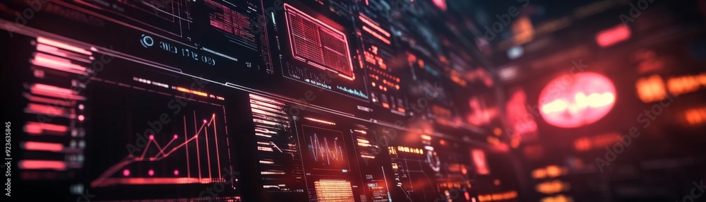 Futuristic digital interface with data analytics, charts, and glowing red elements, representing technology and innovation. Futuristic digital interface with data analytics, charts, and glowing red elements, representing technology and innovation.