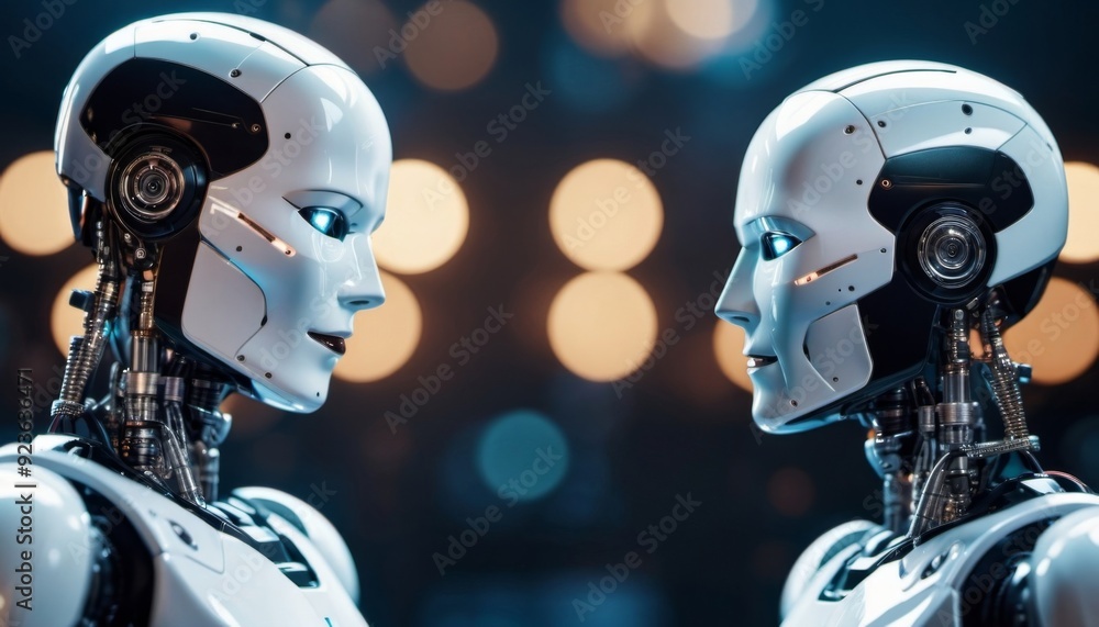 A pair of bionic robots opposite each other. future technologies. Scientific progress. Generative ai. AI A pair of bionic robots opposite each other. future technologies. Scientific progress. Generative ai. AI