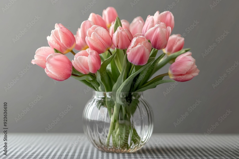 Ethereal Bloom: A Soft Pink Tulip Graces a Glass Vase on a Pristine Background, Exuding Spring's Gentle Charm and Floral Elegance Ethereal Bloom: A Soft Pink Tulip Graces a Glass Vase on a Pristine Background, Exuding Spring's Gentle Charm and Floral Elegance
