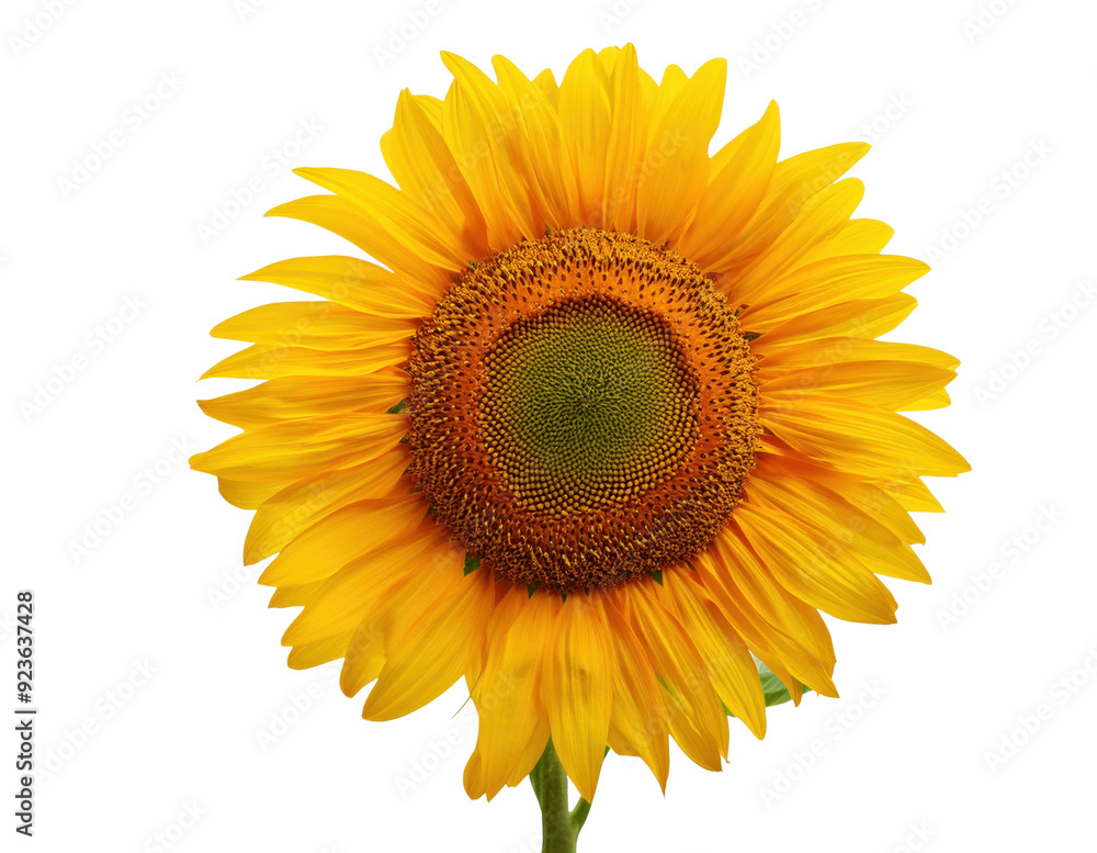 Fototapeta premium Bright yellow sunflower in full bloom with green center on white background cut out isolated Transparent PNG Elements
