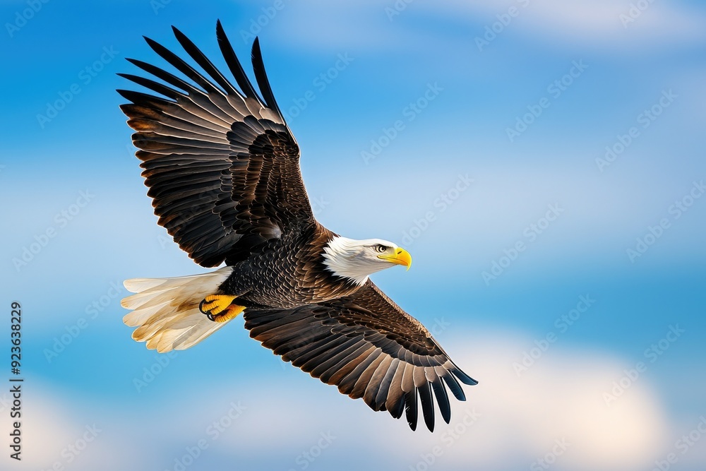 Fototapeta premium A majestic eagle soaring gracefully against a backdrop of blue sky, symbolizing freedom and strength in nature.