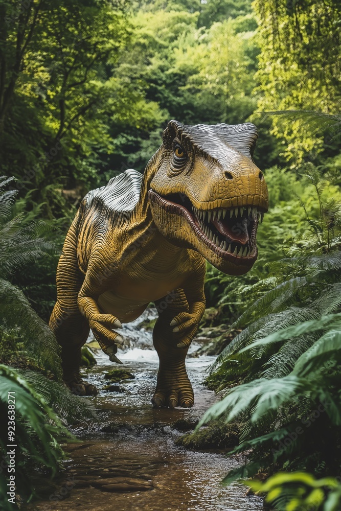 Fototapeta premium A dinosaur is walking through a forest. The dinosaur is large and has a menacing look on its face. The forest is lush and green, with a stream running through it. The scene is peaceful and serene