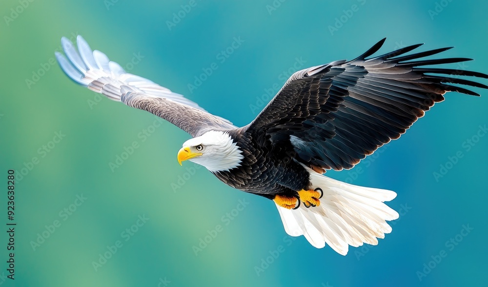 Obraz premium A majestic eagle soars through the sky, showcasing its powerful wings and sharp features, representing freedom and strength.