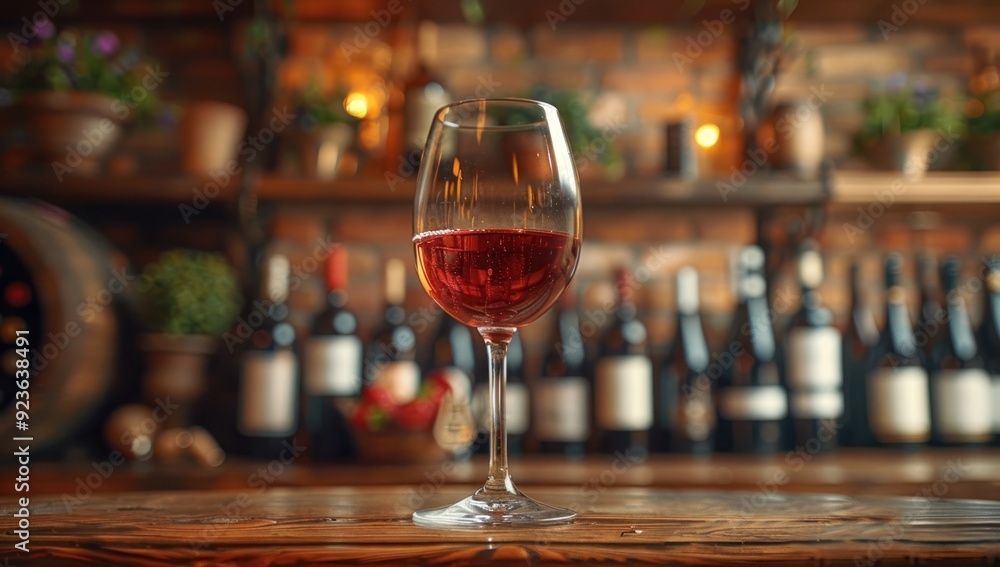 Glass of Wine on a Wooden Counter in a Rustic Bar Setting Glass of Wine on a Wooden Counter in a Rustic Bar Setting