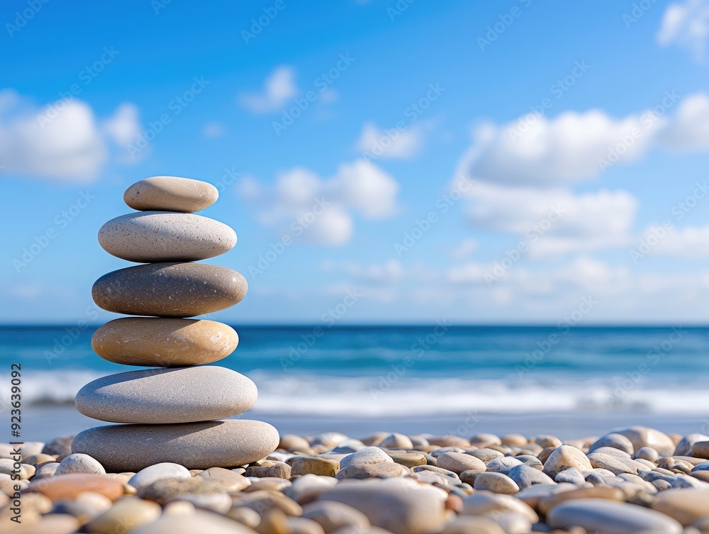 A serene stack of smooth stones on a beach, surrounded by pebbles and the calming ocean under a clear blue sky. A serene stack of smooth stones on a beach, surrounded by pebbles and the calming ocean under a clear blue sky.