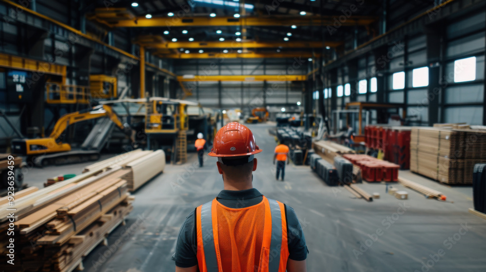 A factory worker wearing a hard hat and safety vest oversees a large industrial warehouse filled with machinery and materials. A factory worker wearing a hard hat and safety vest oversees a large industrial warehouse filled with machinery and materials.