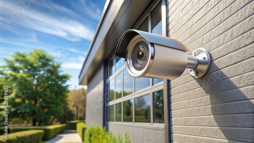 A sleek silver ring mounted on a house exterior wall, supporting a high-tech outdoor security camera, providing a sense of safety and modern surveillance. photo