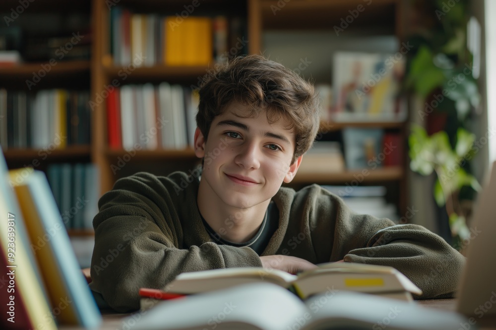 A young man is sitting at a table with a book open in front of him. He is smiling and he is enjoying himself A young man is sitting at a table with a book open in front of him. He is smiling and he is enjoying himself