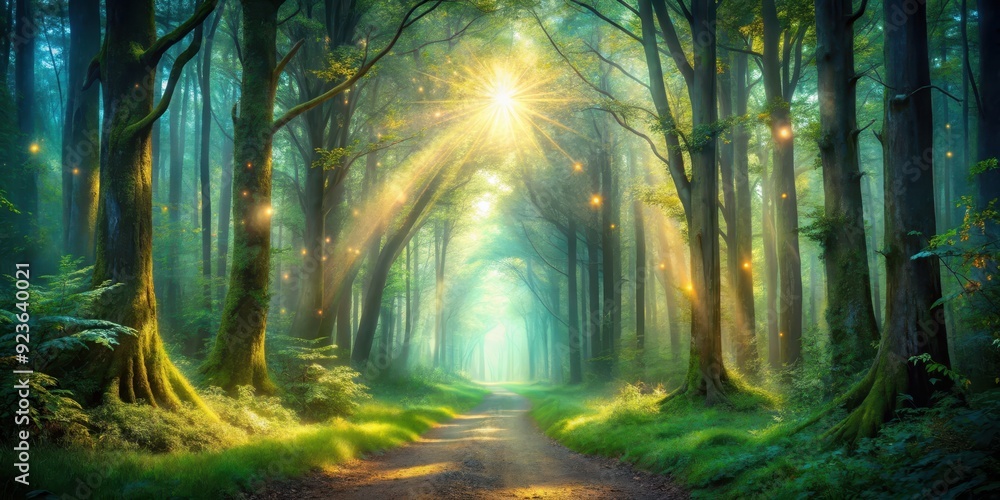 Naklejka premium Destiny shining on the path of a soul in a mystical forest setting, destiny, path, soul, shining, mystical, forest, spiritual