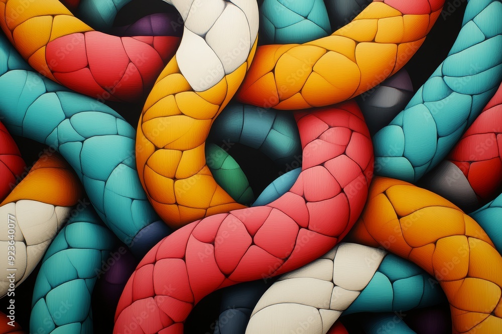 A colorful, twisted, and knotted rope with a blue and white section A colorful, twisted, and knotted rope with a blue and white section