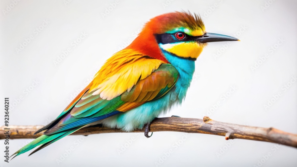 Fototapeta premium A solitary bird with vibrant plumage and delicate feathers perches on a clean white background, capturing the beauty of nature in a simple yet striking composition.