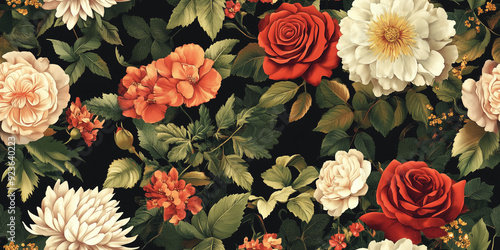 Richly detailed floral arrangements with roses, chrysanthemums, and ferns, creating a regal, opulent look, seamless pattern