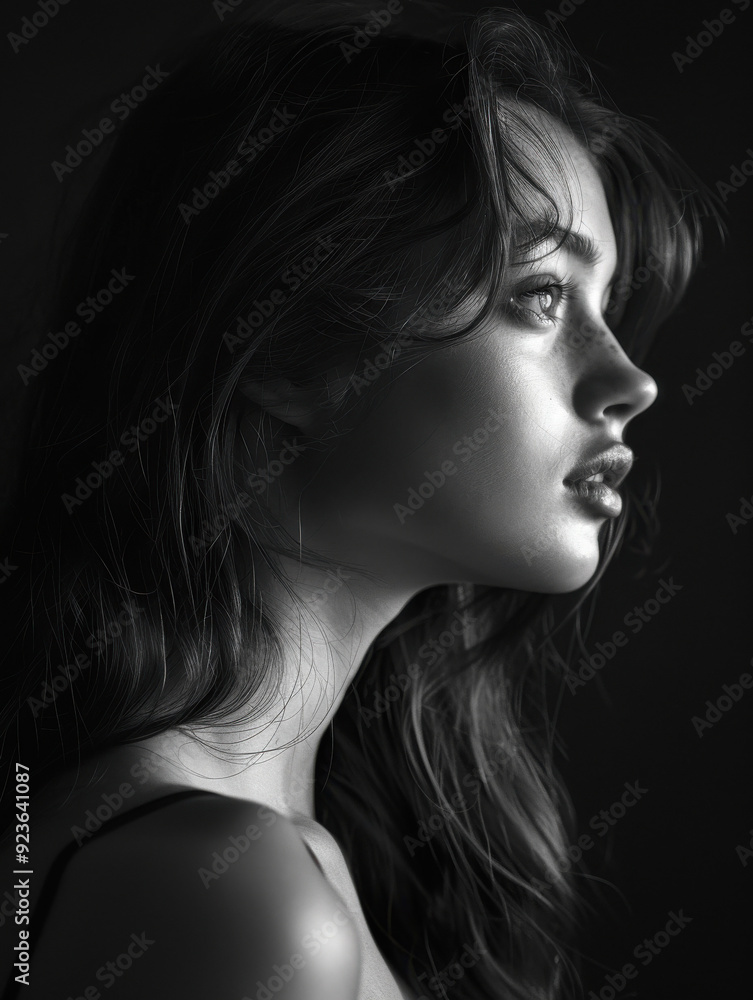Dramatic Black and White Portrait of Young Woman in Profile Dramatic Black and White Portrait of Young Woman in Profile