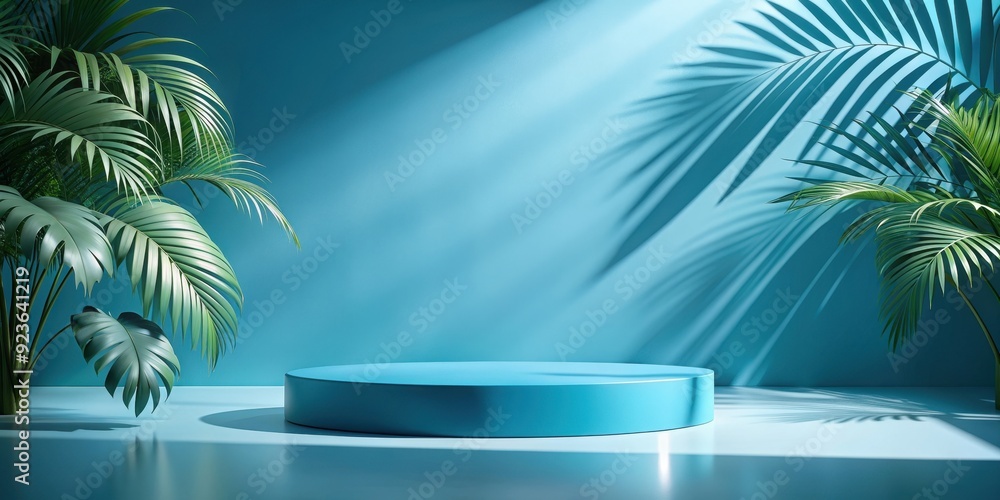 blue podium with tropical leaves and shadows for product presentation, podium, tropical, leaves blue podium with tropical leaves and shadows for product presentation, podium, tropical, leaves