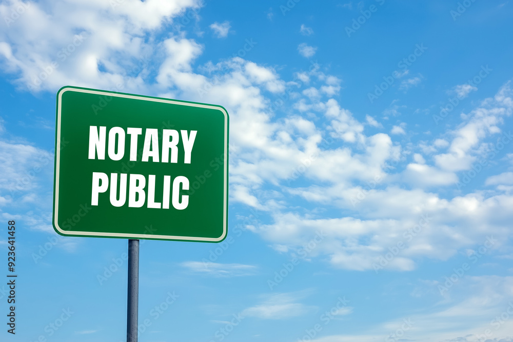 Notary public message written on green road sign with cloudy sky background. Conceptual notary public symbol. Copy space. Notary public message written on green road sign with cloudy sky background. Conceptual notary public symbol. Copy space.
