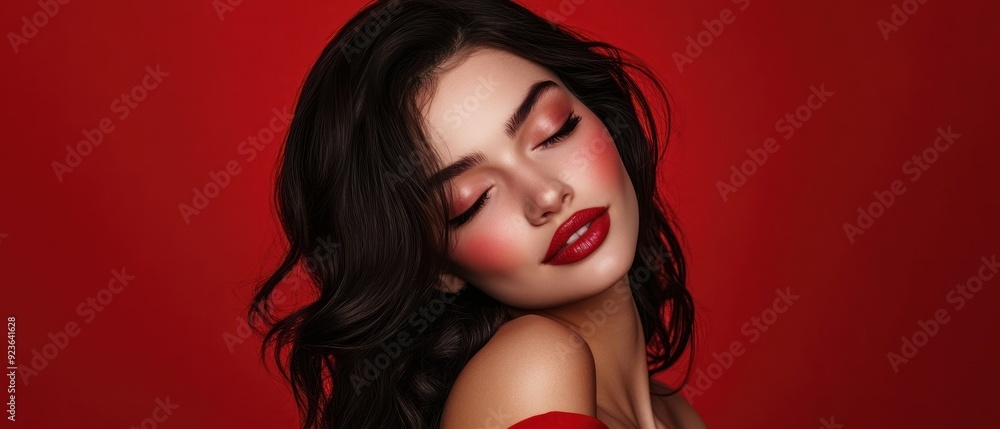 Woman with Red Lips and Blush Against Red Background Woman with Red Lips and Blush Against Red Background