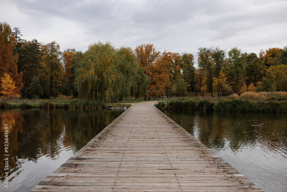 A wooden dock leading into tranquil water autumn in Stromovka park, Prague, Czech republic A wooden dock leading into tranquil water autumn in Stromovka park, Prague, Czech republic