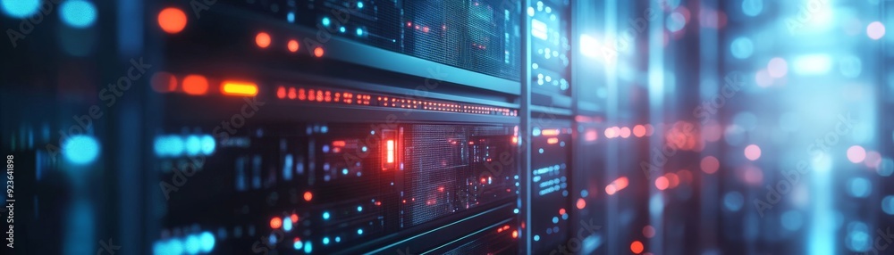 Obraz premium Modern data center server racks with glowing lights and network cables, illustrating advanced technology and data processing infrastructure.