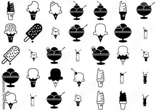 Set Of Linear Ice Cream Vector Symbols Apps, Websites Ui Designs Suitable For Dessert,Ice-Cream,Sweets,Cone,Summer Stroke Icon Collection. Vector Illustration