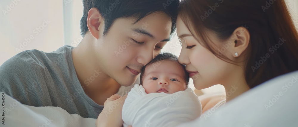 Loving Parents Kissing Newborn Baby's Forehead Loving Parents Kissing Newborn Baby's Forehead