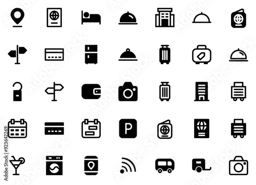 Set Of Hotel Service Vector Symbols Apps, Websites Ui Designs Suitable For Building,Food-Tray,Travel,Catering,Hotel Pictograms And Infographics Design Elements Vector Illustration