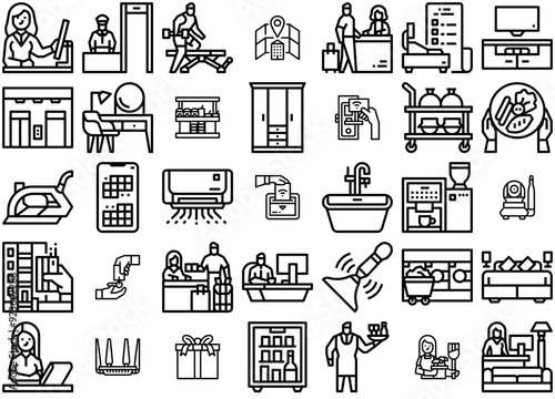 Mega Set Of Vector Hotel Outline Icons Vector Symbols Apps, Websites Ui Designs Suitable For Business,Hotel,Avatar,Reception,Security Stroke Icon Collection. Vector Illustration