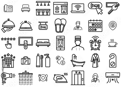 Set Of Hotel Line Collection Icons Collection Isolated Silhouette Solid Icons Including Furniture,Security,Bathroom,Service,Hotel Stroke Icon Collection. Vector Illustration