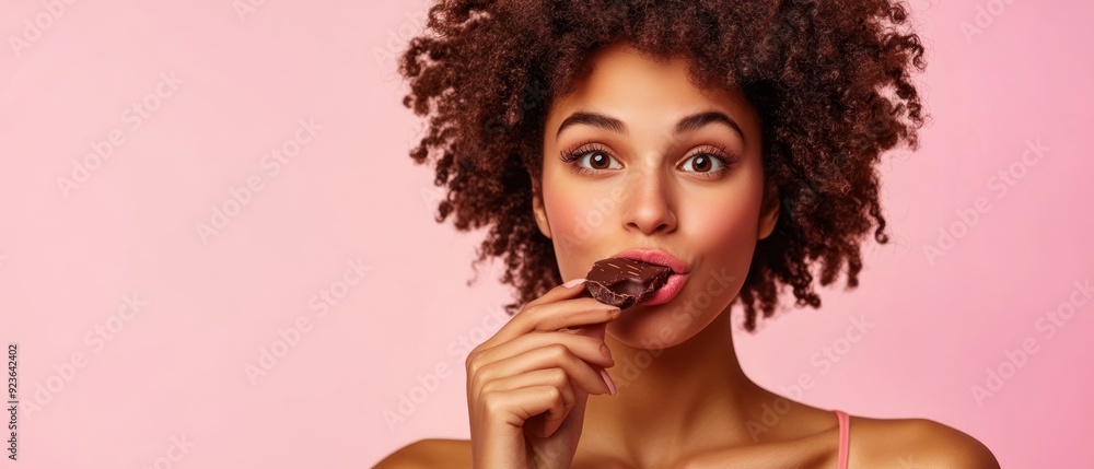 Close-up portrait of a woman with curly hair biting into a chocolate bar Close-up portrait of a woman with curly hair biting into a chocolate bar