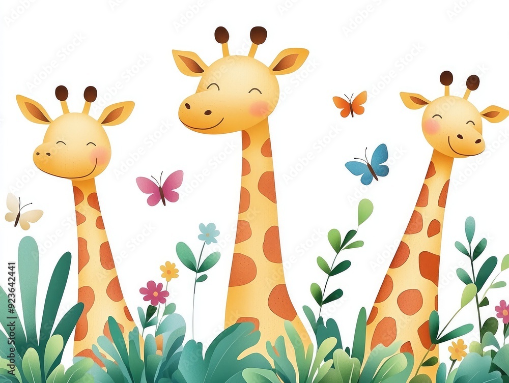 custom made wallpaper toronto digitalThree cheerful giraffes surrounded by flowers and butterflies in a colorful, playful design capturing a joyful nature scene.