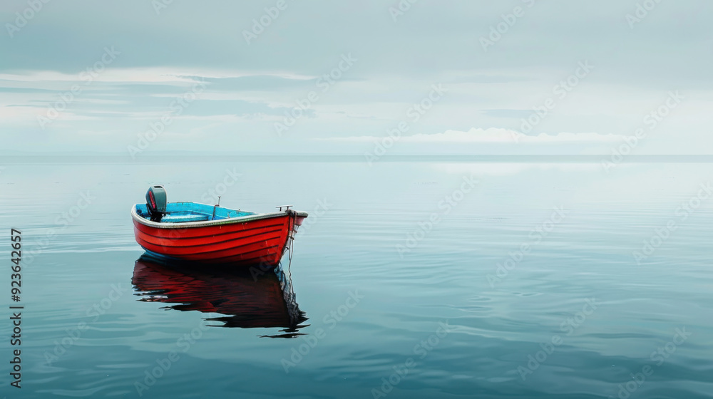 A solitary red boat floats peacefully on calm, reflective water under a cloudy sky. A solitary red boat floats peacefully on calm, reflective water under a cloudy sky.