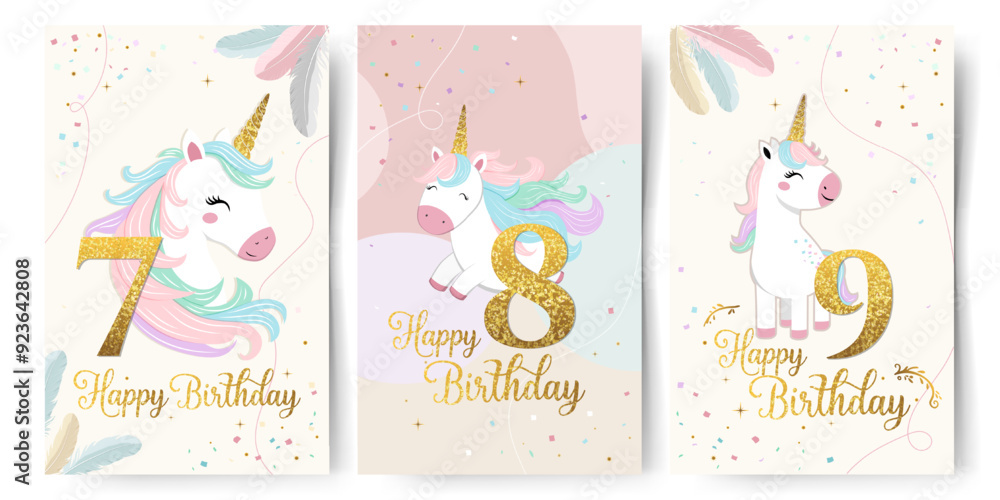 Set of Happy birthday cards with cute unicorn and golden numbers 7 8 9. Gentle templates, frames. Golden horn Set of Happy birthday cards with cute unicorn and golden numbers 7 8 9. Gentle templates, frames. Golden horn
