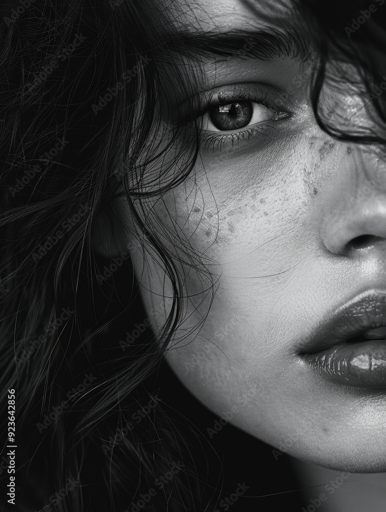 Close-Up Portrait of a Young Woman with Freckles in Black and White Close-Up Portrait of a Young Woman with Freckles in Black and White