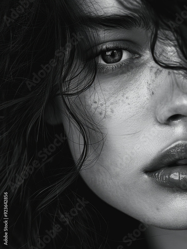 Wallpaper Mural Close-Up Portrait of a Young Woman with Freckles in Black and White Torontodigital.ca